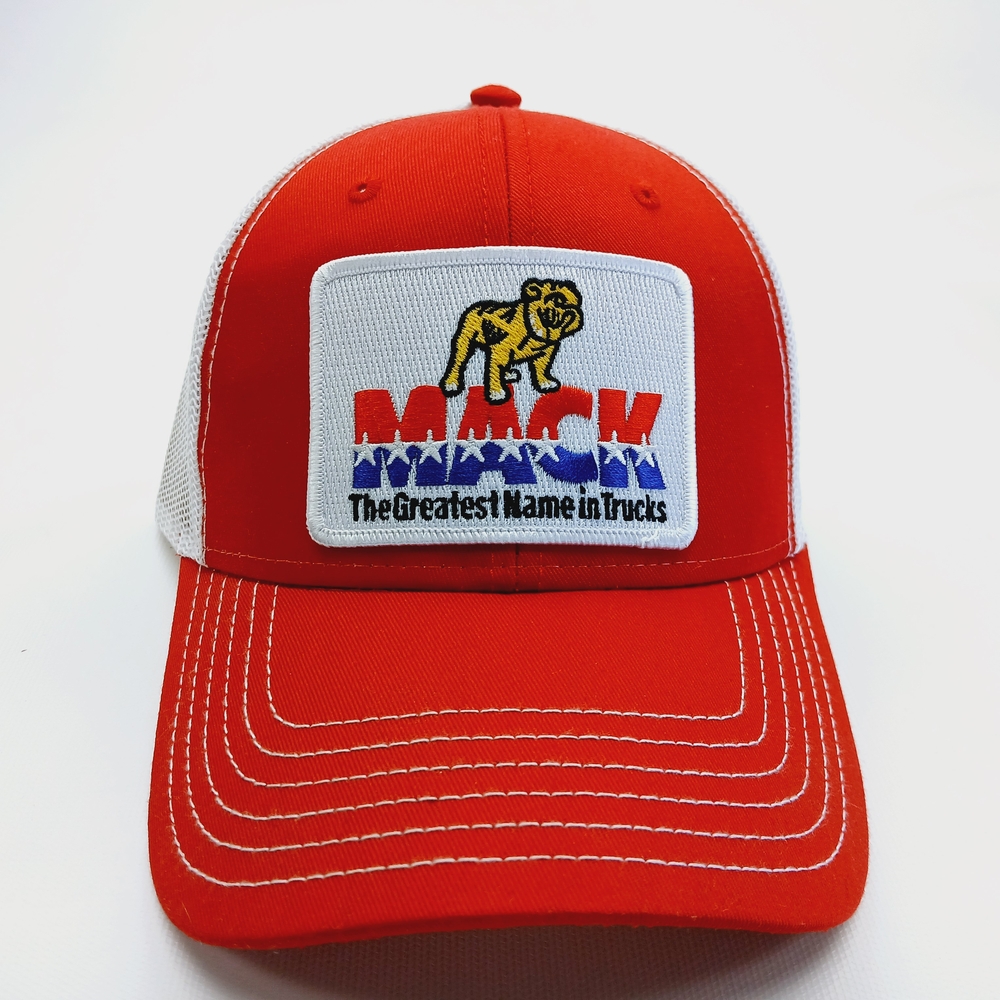 Red And White Mesh Snapback Mack Trucks Curved Bill Hat